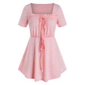 

Plus Size Frilled Square Neck Tie Curved Tunic T Shirt, Light pink