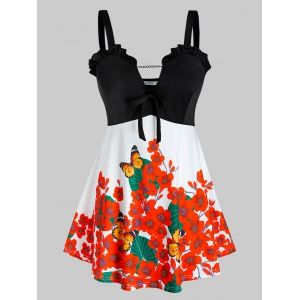 

Plus Size Flower Butterfly Print Frilled Backless Knotted Tunic Tank Top, Multi