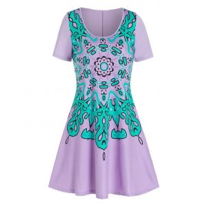 

Flower Print Short Sleeve A Line Dress, Mauve