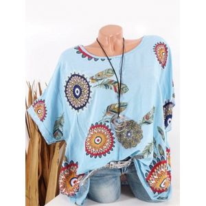 

Plus Size Batwing Sleeve Tribal Feather Print Sequin Tee, Light blue