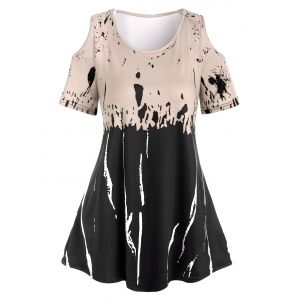 

Plus Size Spatter Cold Shoulder T Shirt, Light coffee
