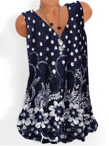 

Plus Size V Neck Full Print Tank Top, Deep blue