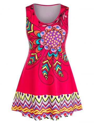 Plus Size Floral Print Zigzag Trapeze Tank Top - RED - L