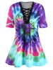 Plus Size Lace-up Spiral Tie Dye Print Tunic Top -  