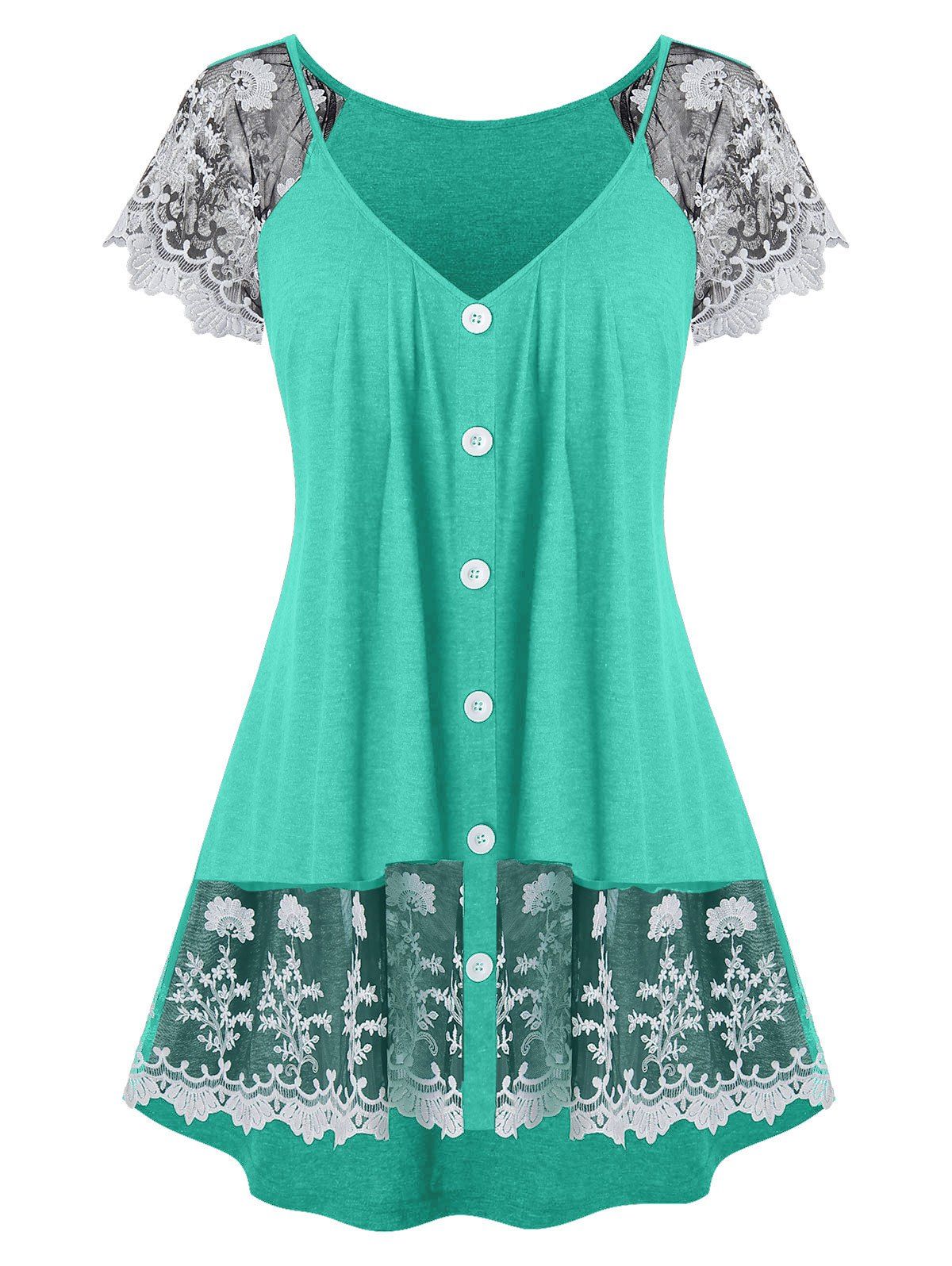 

Plus Size Floral Lace Insert Button T Shirt, Clover green