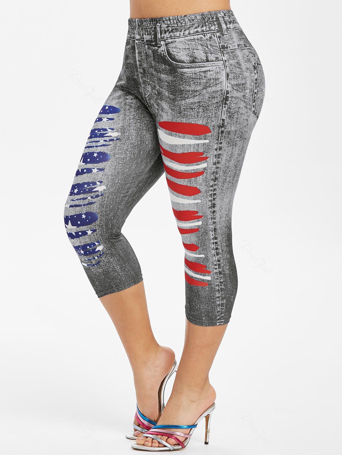 Outfits Plus Size  3D Ripped Print American Flag Capri Jeggings  