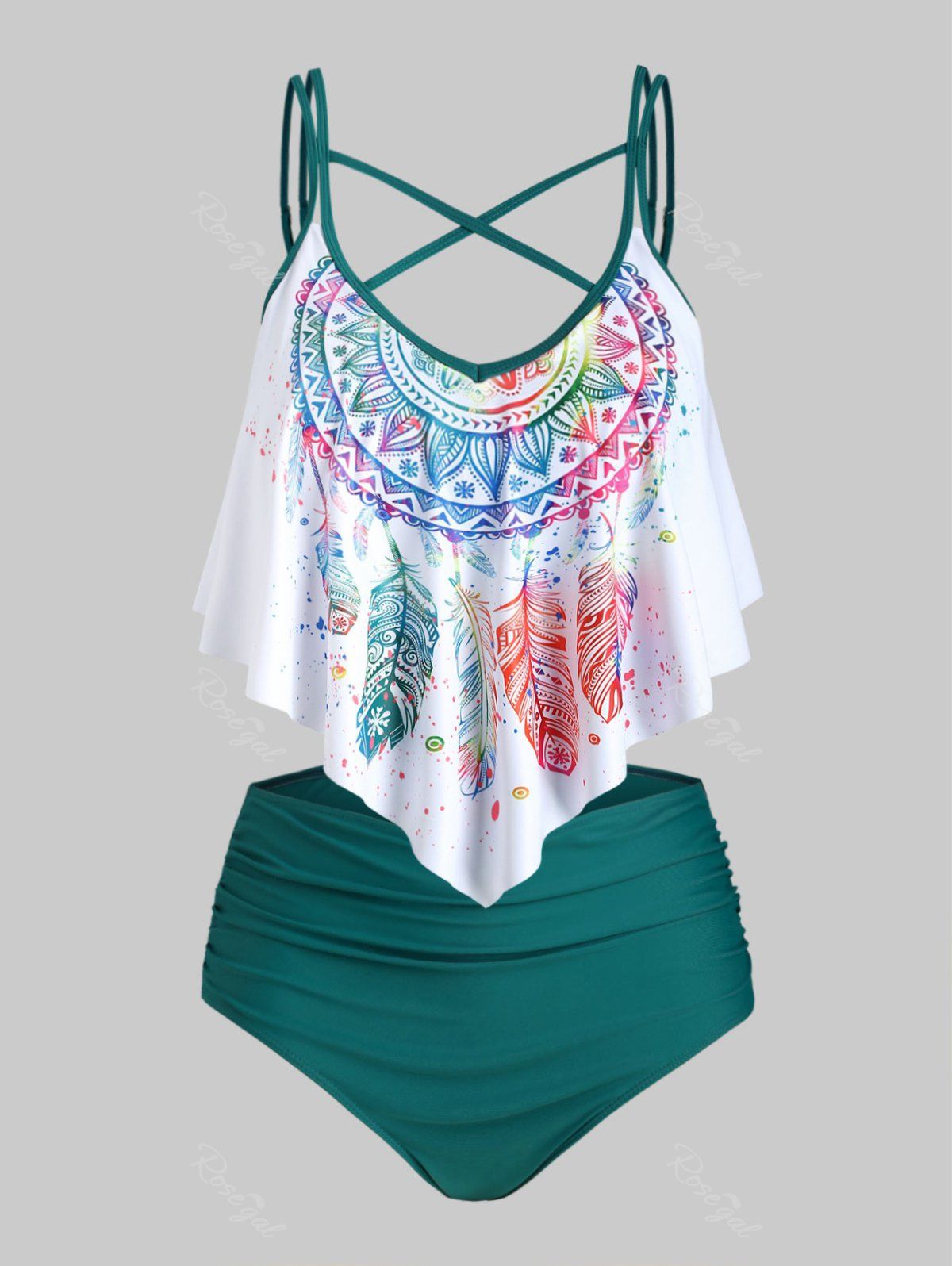 

Plus Size Feather Print Crisscross Ruffled Tankini Swimwear, Deep green