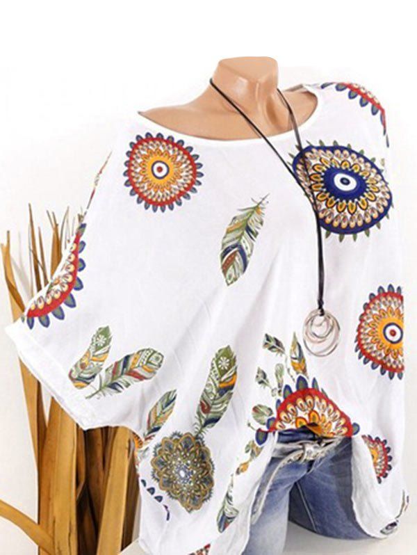 

Plus Size Batwing Sleeve Tribal Feather Print Sequin Tee, White