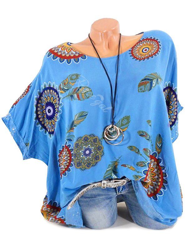 

Plus Size Batwing Sleeve Tribal Feather Print Sequin Tee, Blue