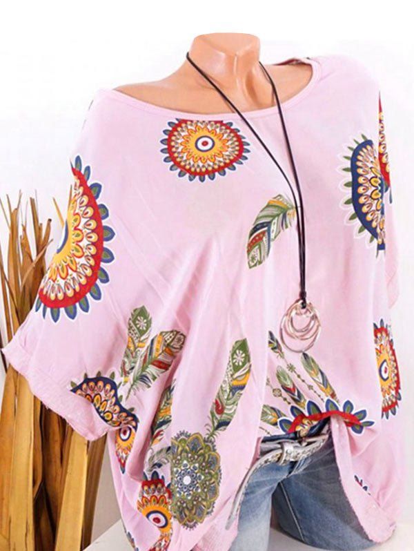 

Plus Size Batwing Sleeve Tribal Feather Print Sequin Tee, Light pink