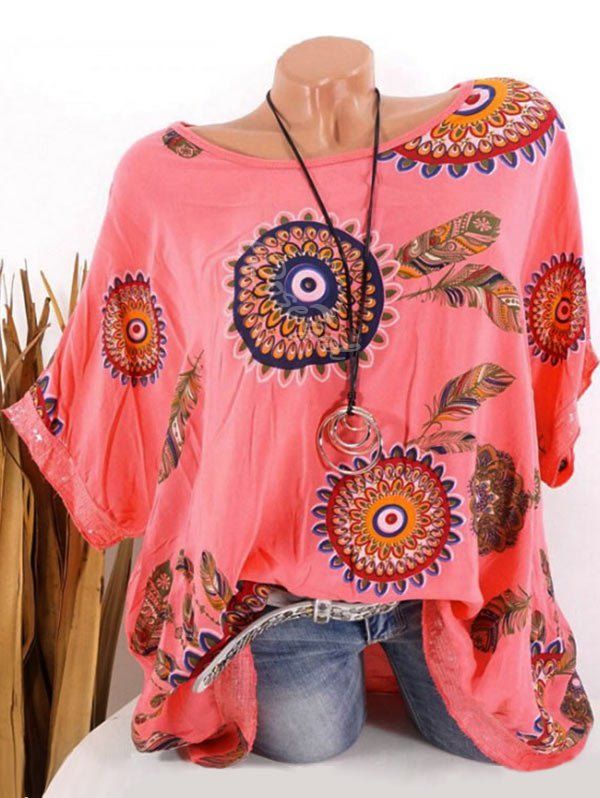 

Plus Size Batwing Sleeve Tribal Feather Print Sequin Tee, Red