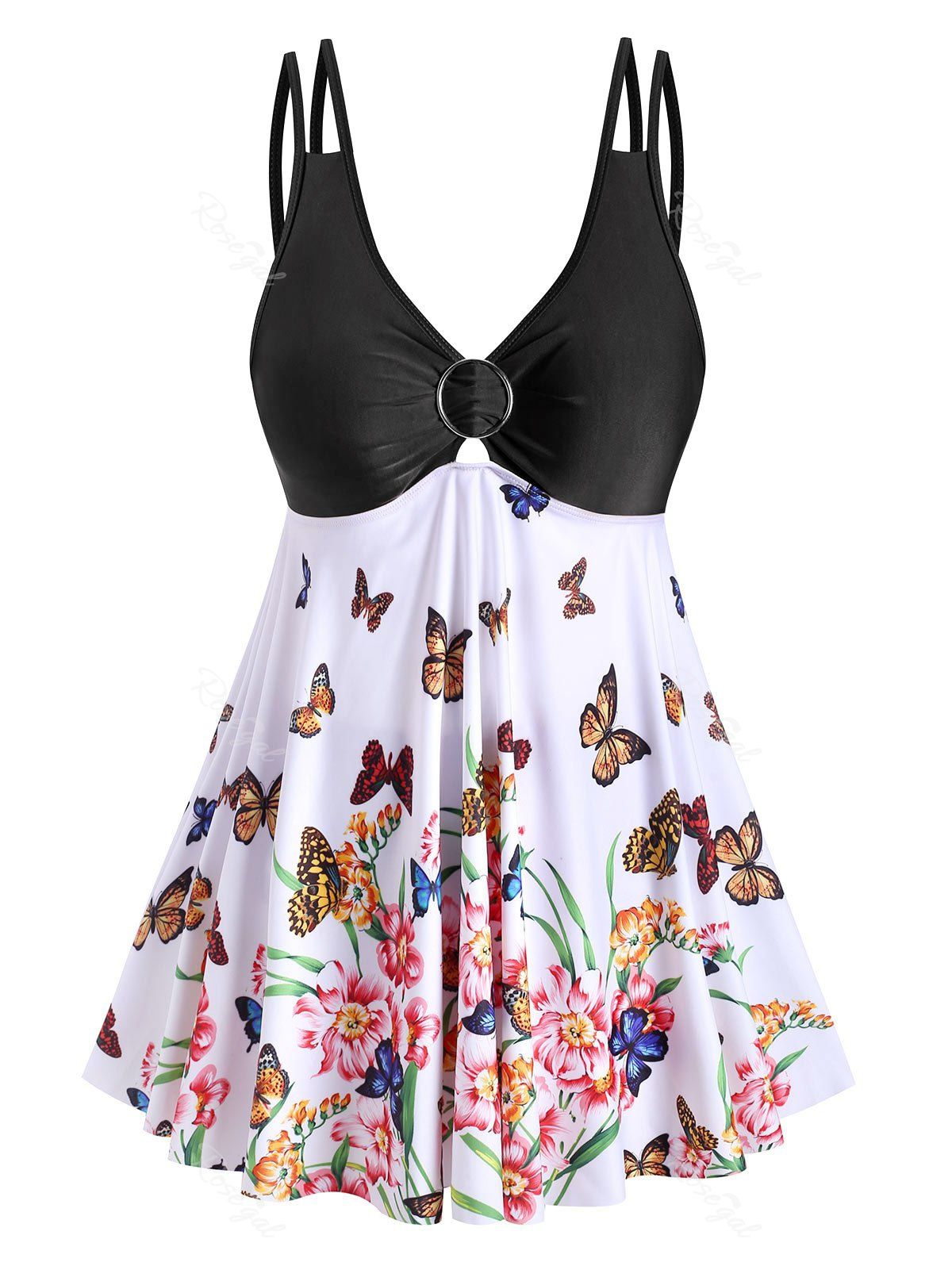 

Plus Size Butterfly Floral Print Skirted Tankini Swimwear, Black