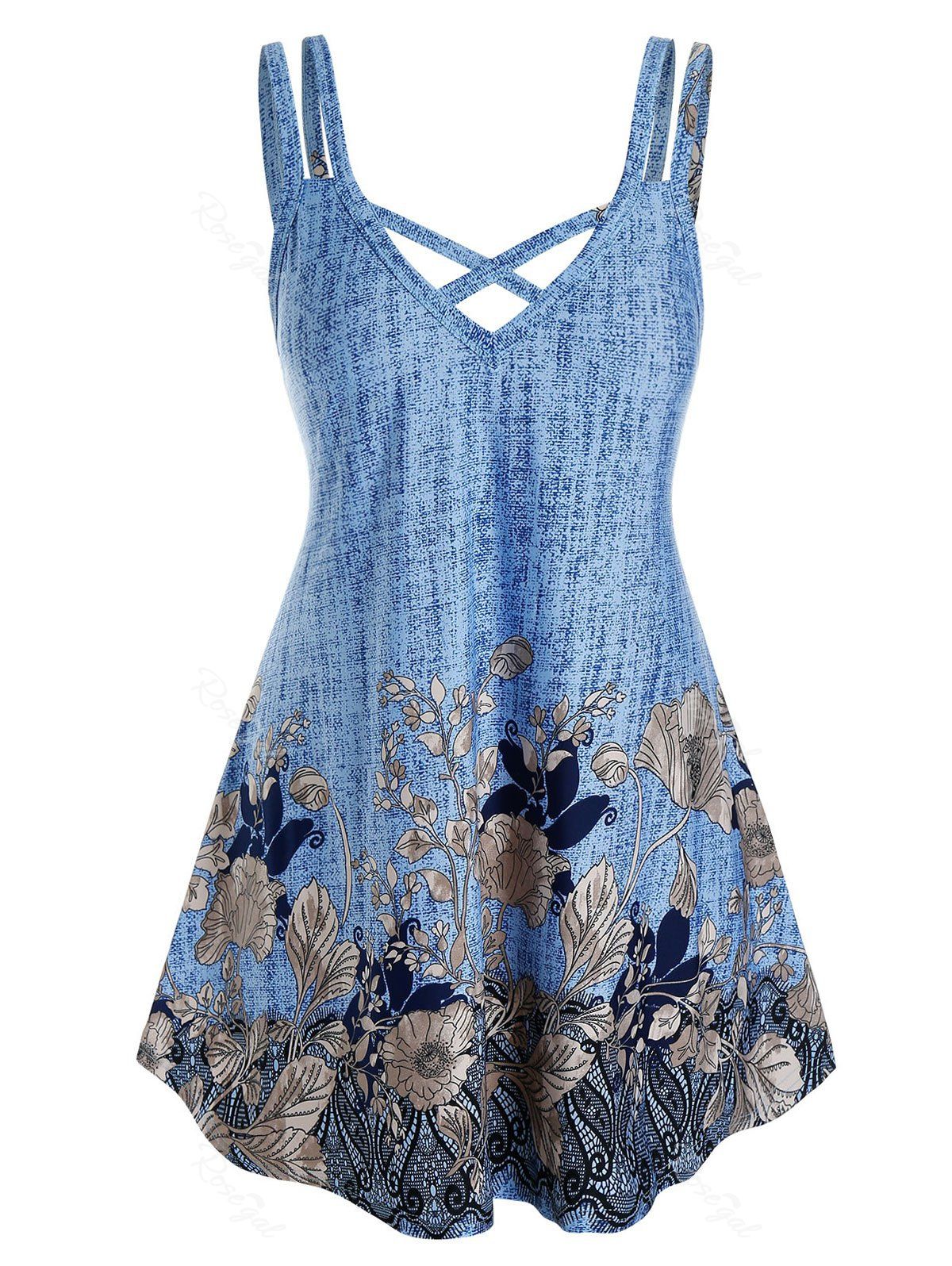 

Plus Size Floral Print Crisscross Spaghetti Strap Tank Top, Silk blue