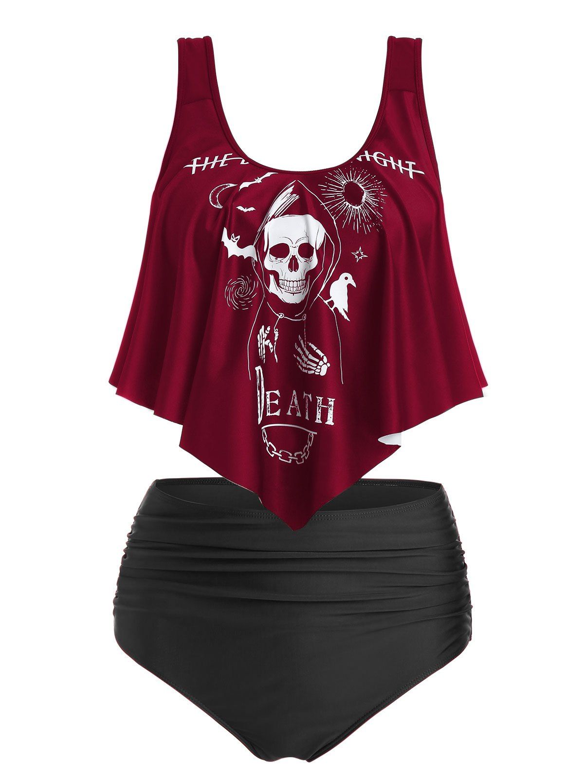 

Skull Graphic Padded High Waist Tankini Swimwear, Deep red