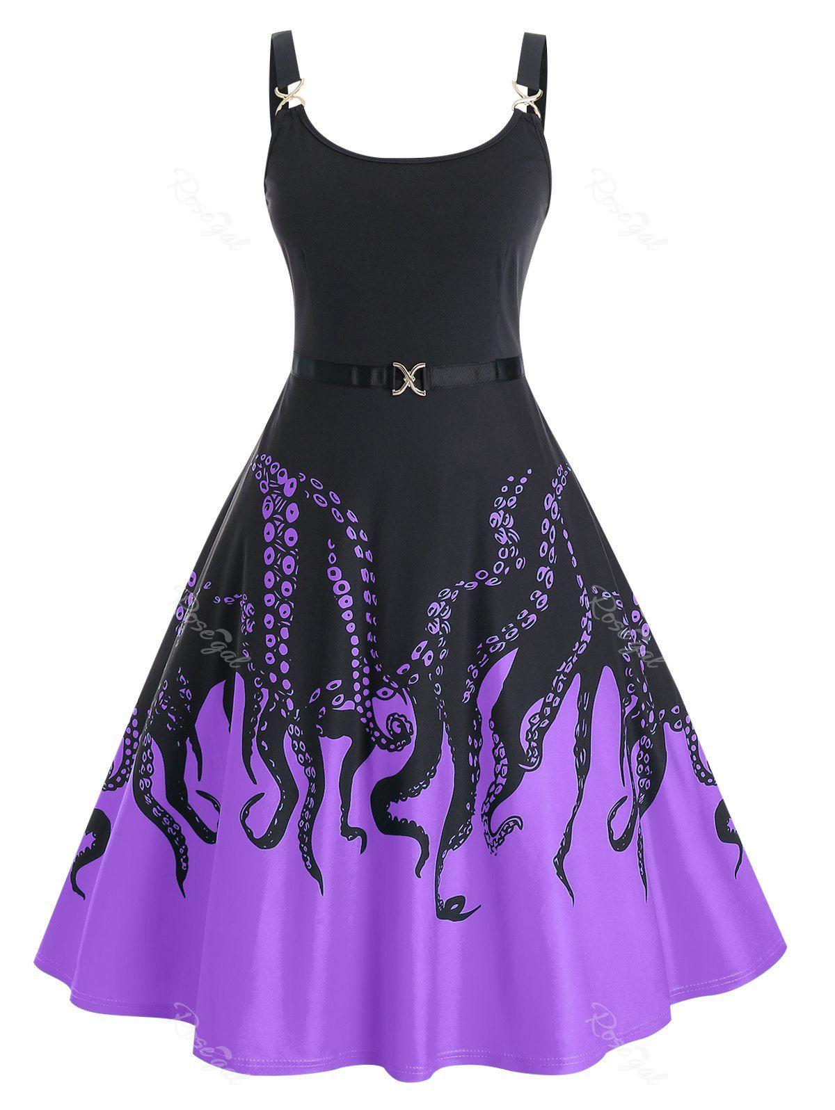 

Plus Size Octopus Print A Line Backless Dress, Purple