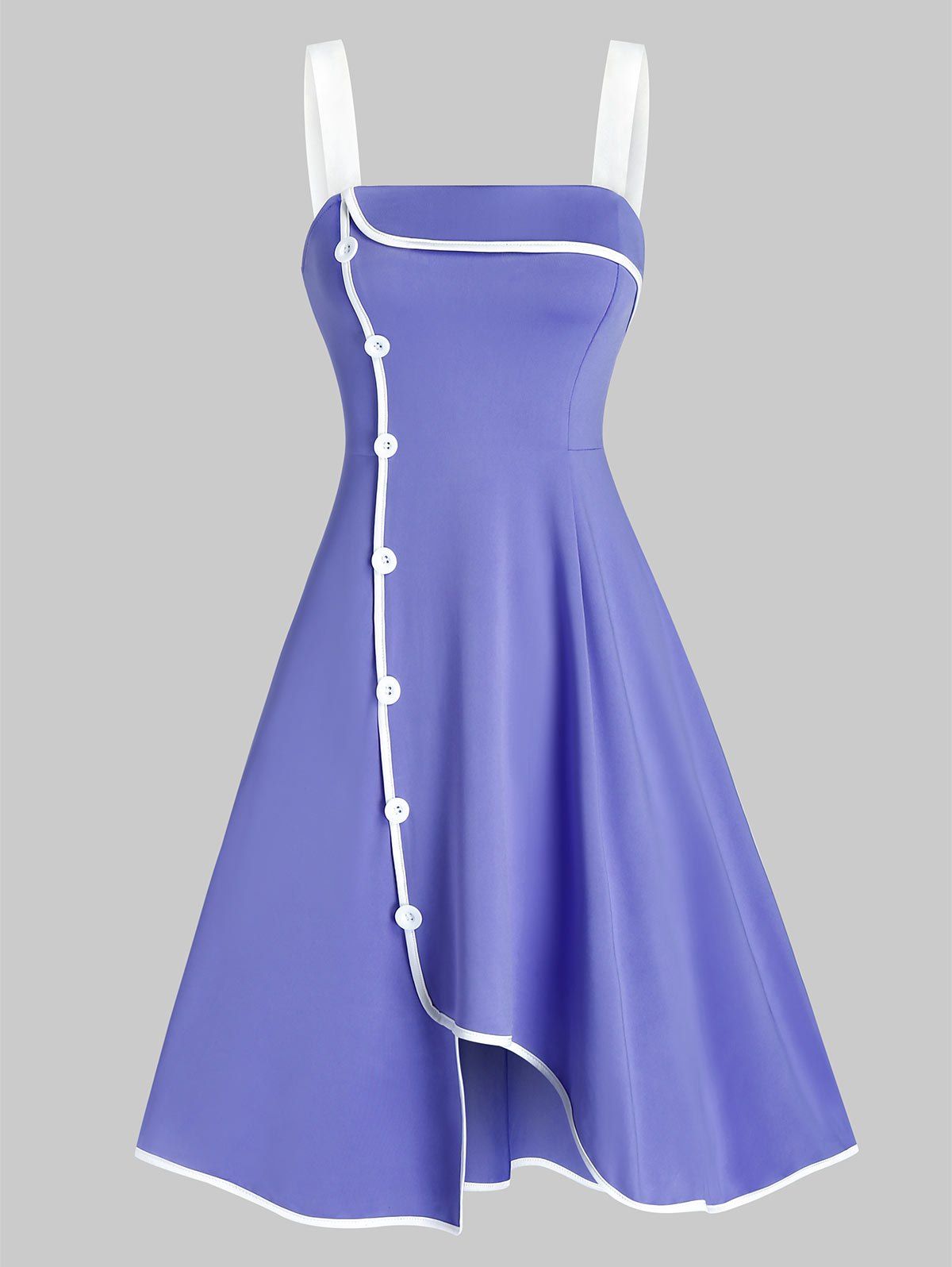 

Sleeveless Mock Button Contrast Piping Dress, Light slate blue