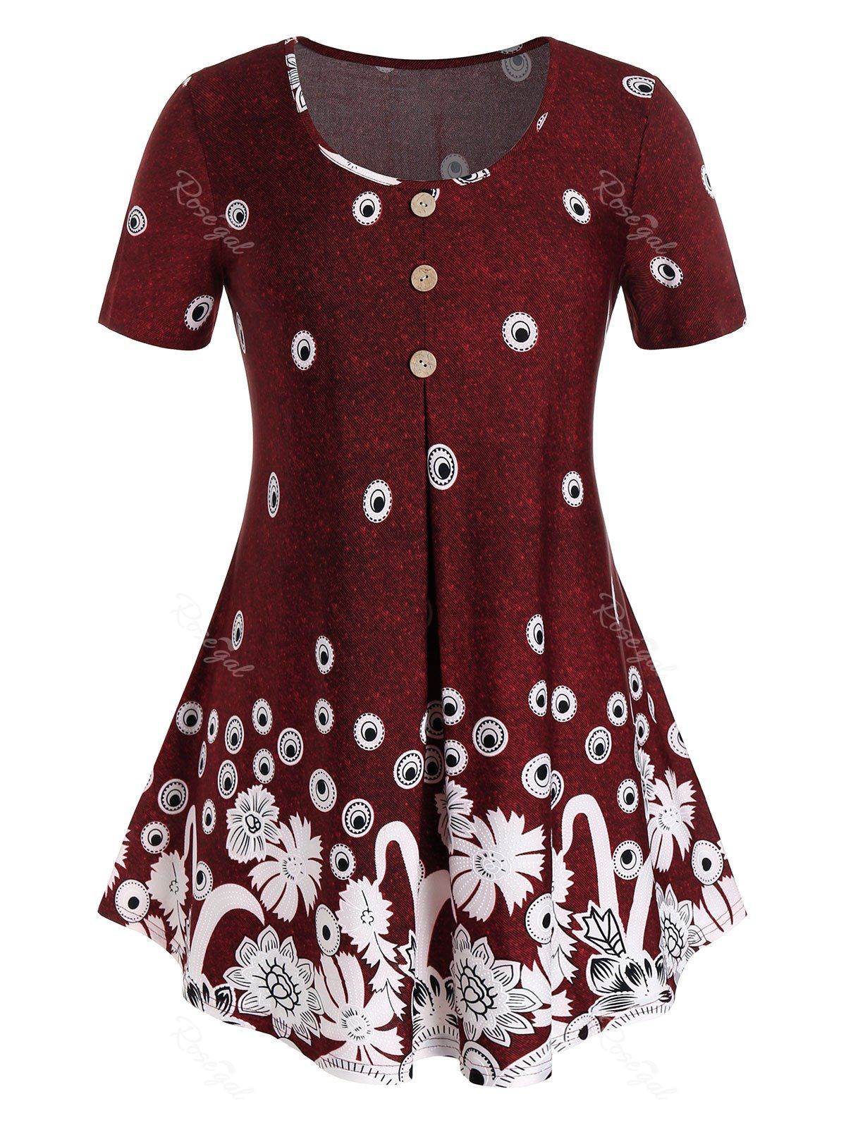 

Plus Size Printed Tunic Swing T Shirt, Red wine