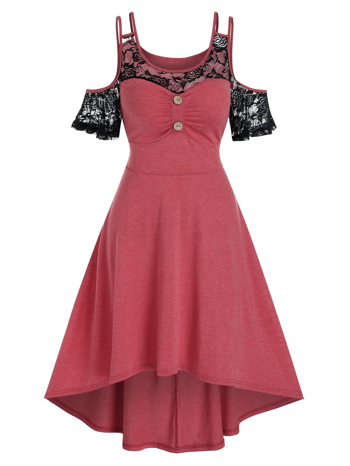 

Cold Shoulder Lace Insert High Low Midi Dress, Cherry red