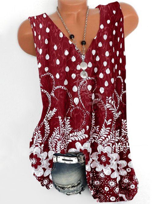 

Plus Size V Neck Full Print Tank Top, Deep red