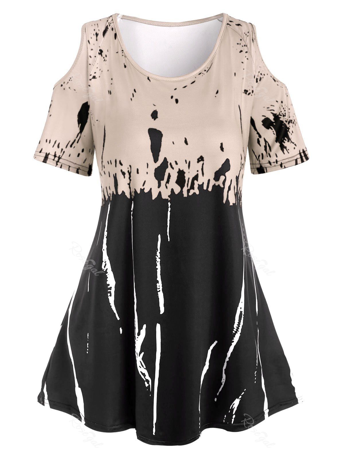

Plus Size Spatter Cold Shoulder T Shirt, Light coffee