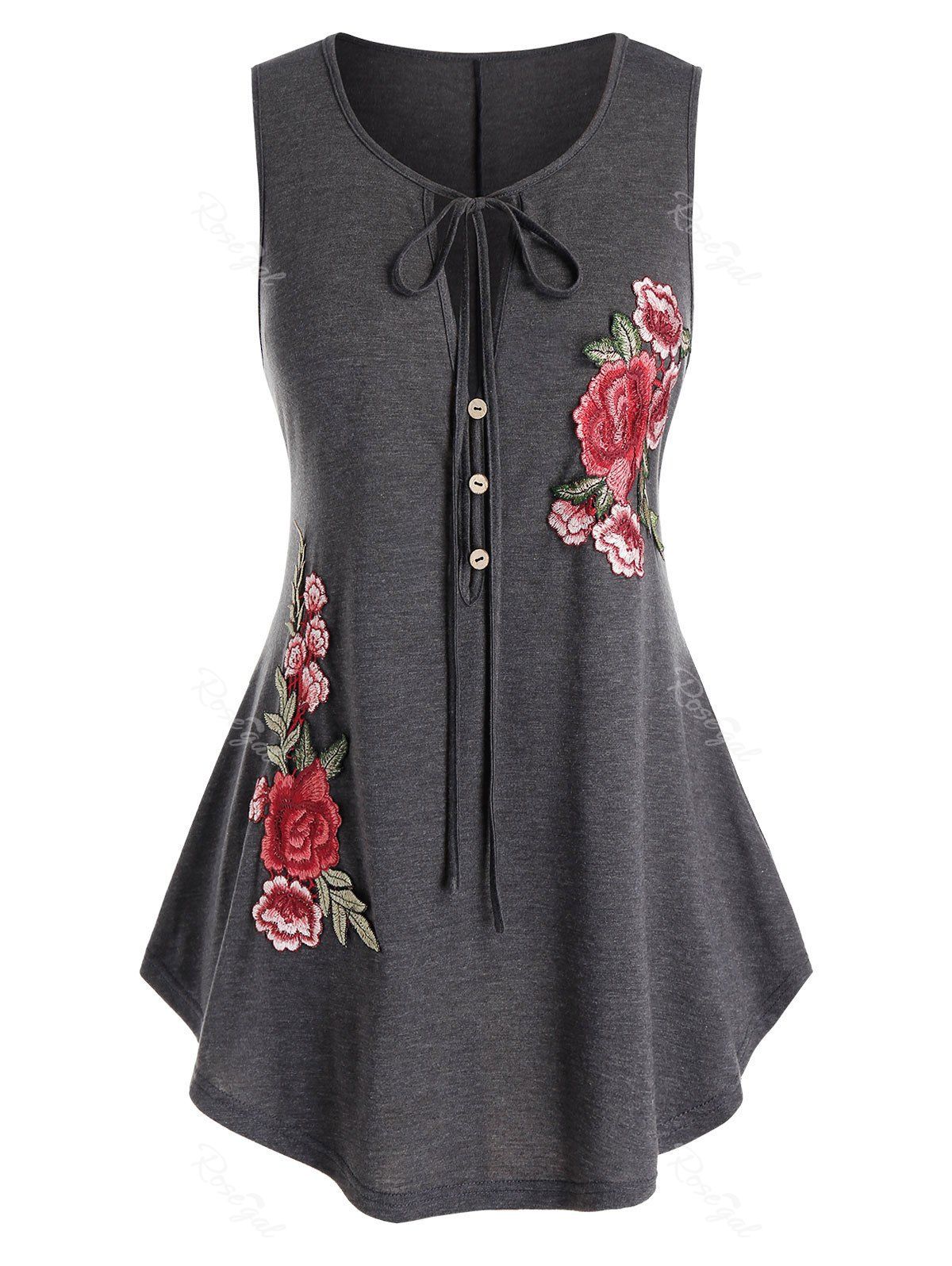

Plus Size Flower Applique Keyhole Tie Curved Tank Top, Gray