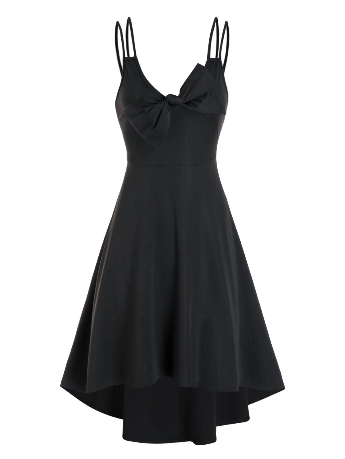 

Pure Color Bowknot Cami High Low Dress, Black