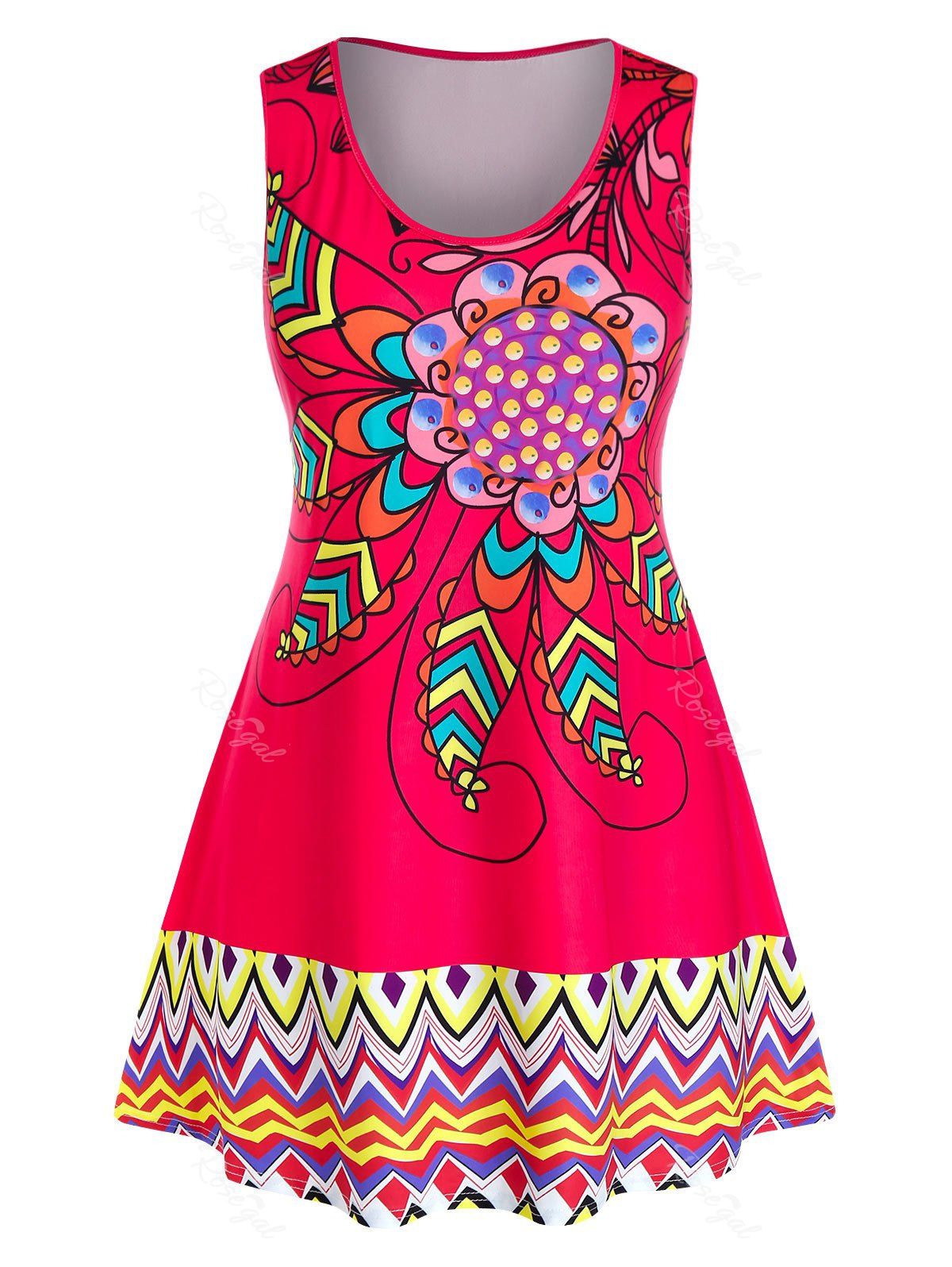 Fashion Plus Size Floral Print Zigzag Trapeze Tank Top  