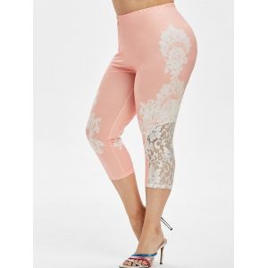 

High Waisted Printed Lace Panel Plus Size Capri Leggings, Light pink