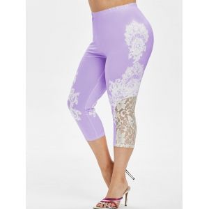 

High Waisted Printed Lace Panel Plus Size Capri Leggings, Purple