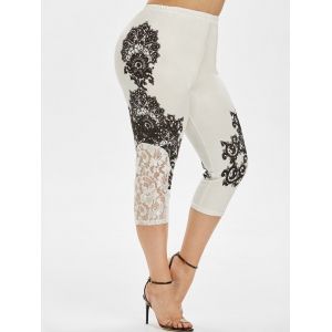 

High Waisted Printed Lace Panel Plus Size Capri Leggings, White