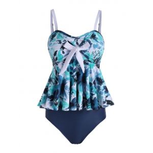 

Floral Leaf Knot Tankini Swimwear, Deep blue
