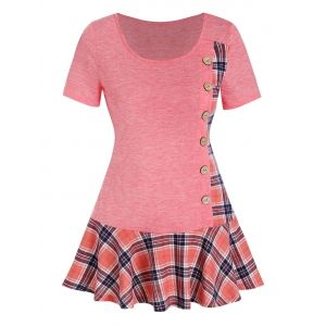 

Checked Panel Mock Button Skirted T Shirt, Pink rose