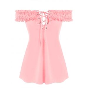 

Plus Size Ruffled Off Shoulder Lace Up T Shirt, Pig pink