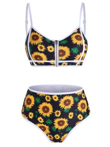 Sunflower Zip Up Piping High Waisted Bikini Swimwear - BLACK - XL