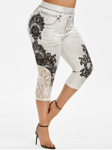 Capri Lace Panel 3D Printed Plus Size Jeggings [66% OFF]