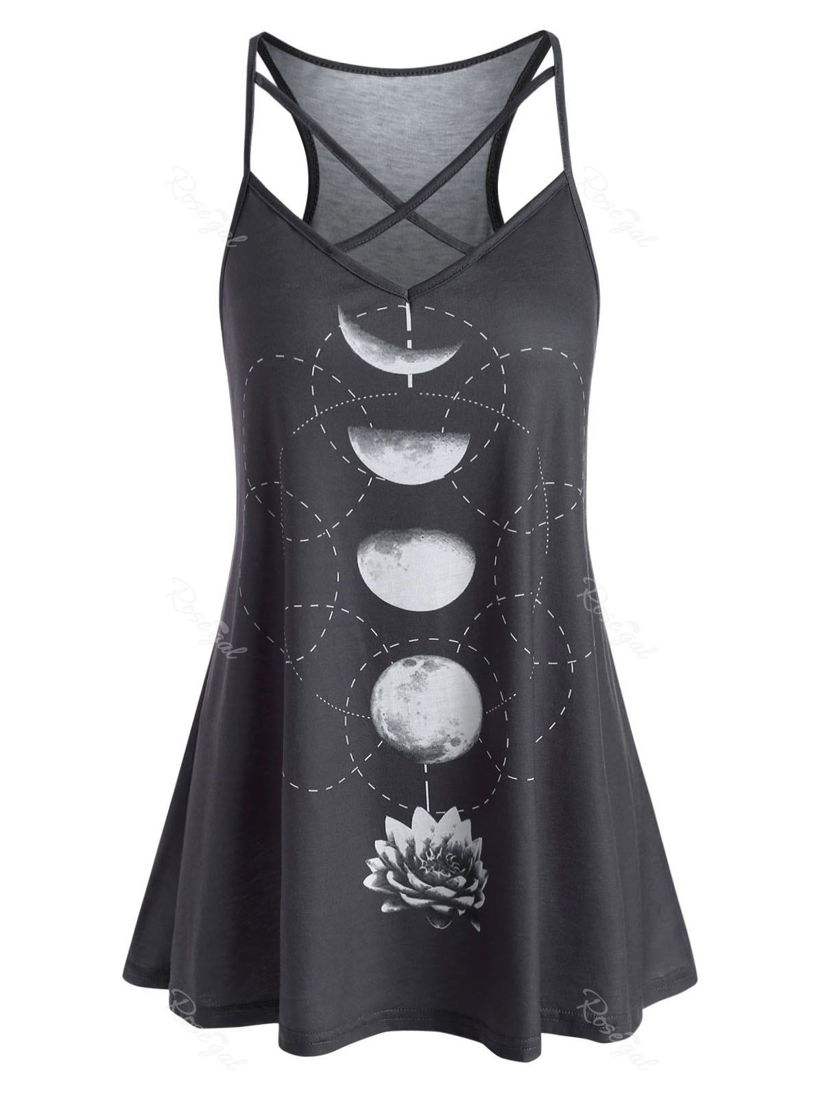 

Plus Size Criss Cross Moon Flower Print Long Cami Top, Dark gray