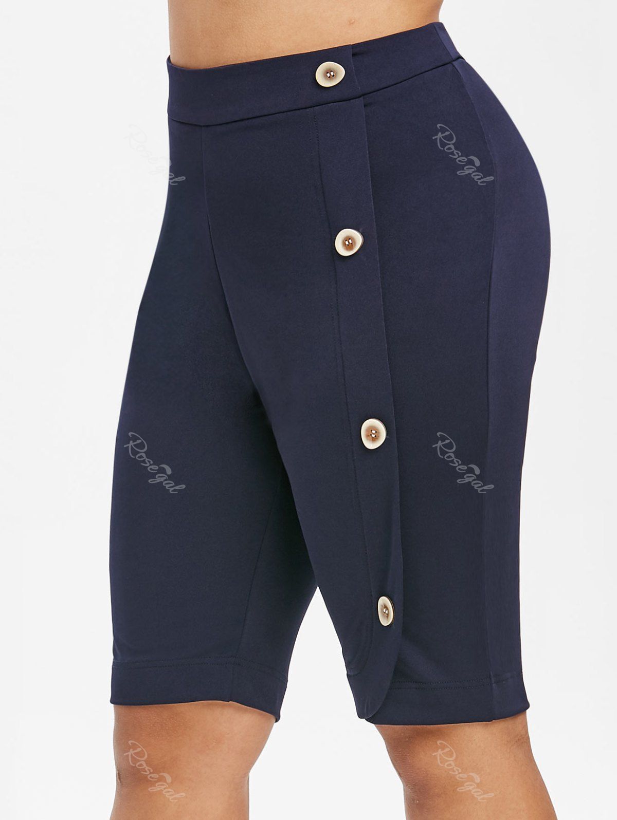 

High Waisted Mock Buttons Plus Size Knee Length Shorts, Blue