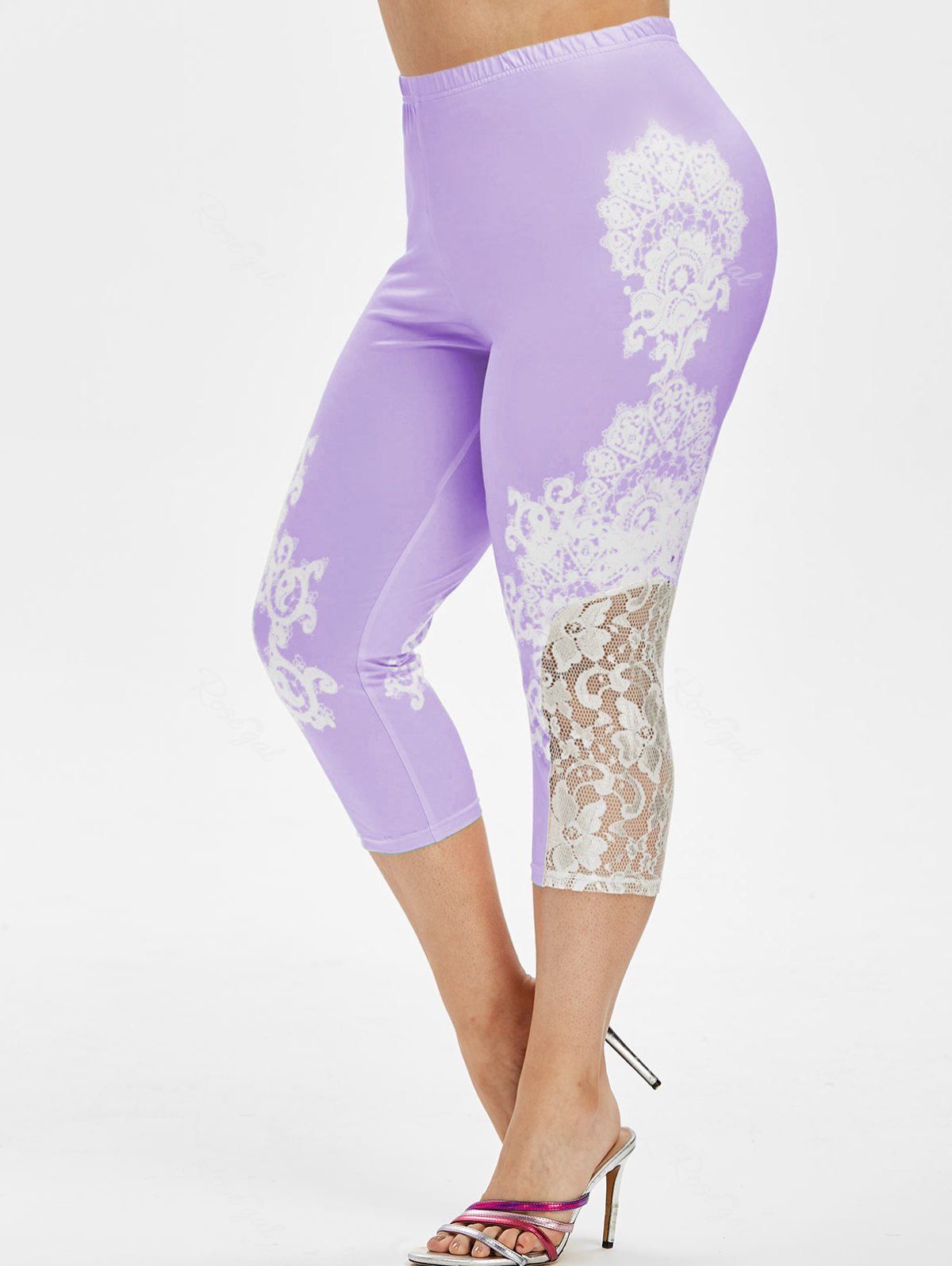 

High Waisted Printed Lace Panel Plus Size Capri Leggings, Purple