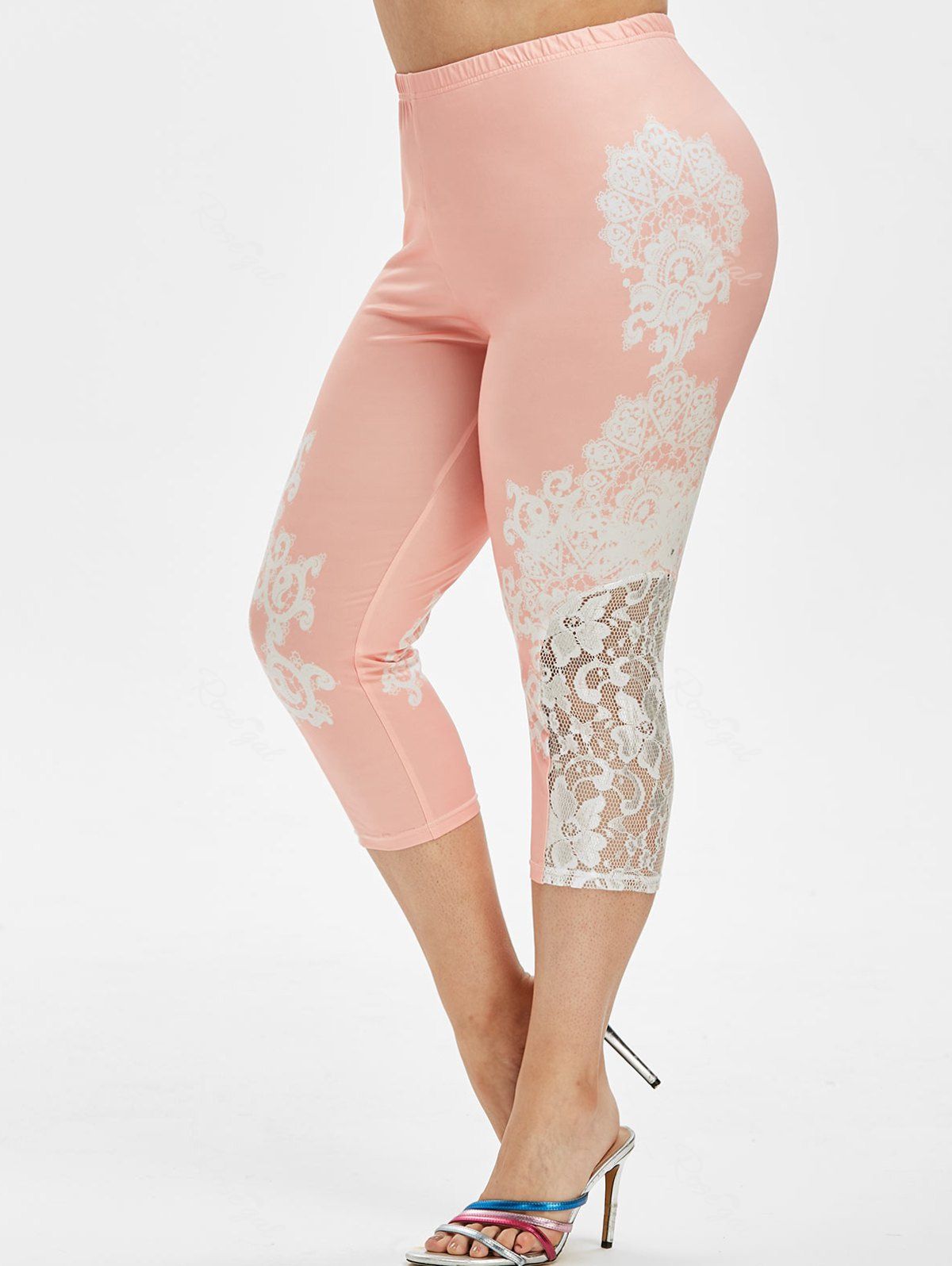 Affordable High Waisted Printed Lace Panel Plus Size Capri Leggings  