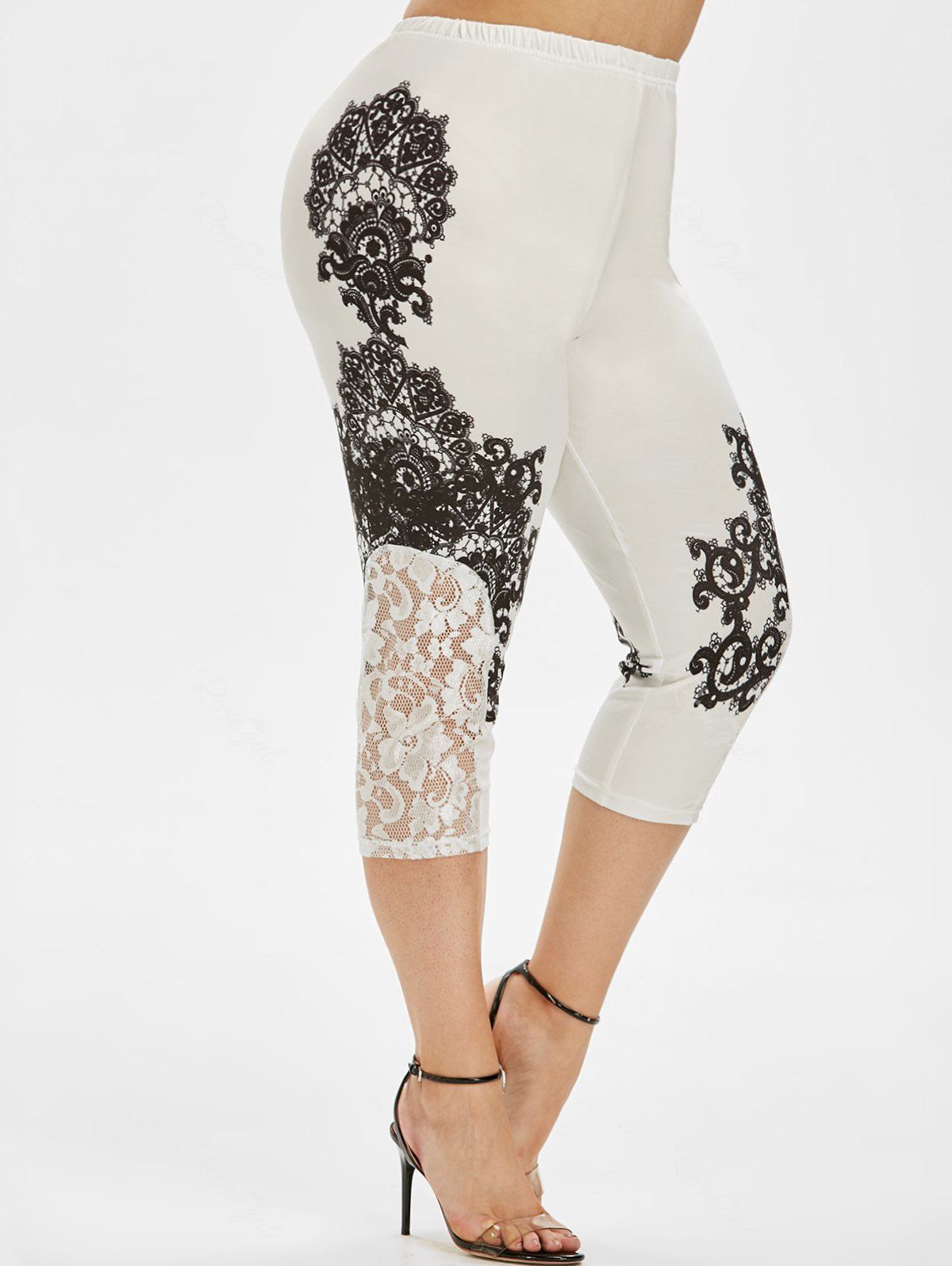 Unique High Waisted Printed Lace Panel Plus Size Capri Leggings  