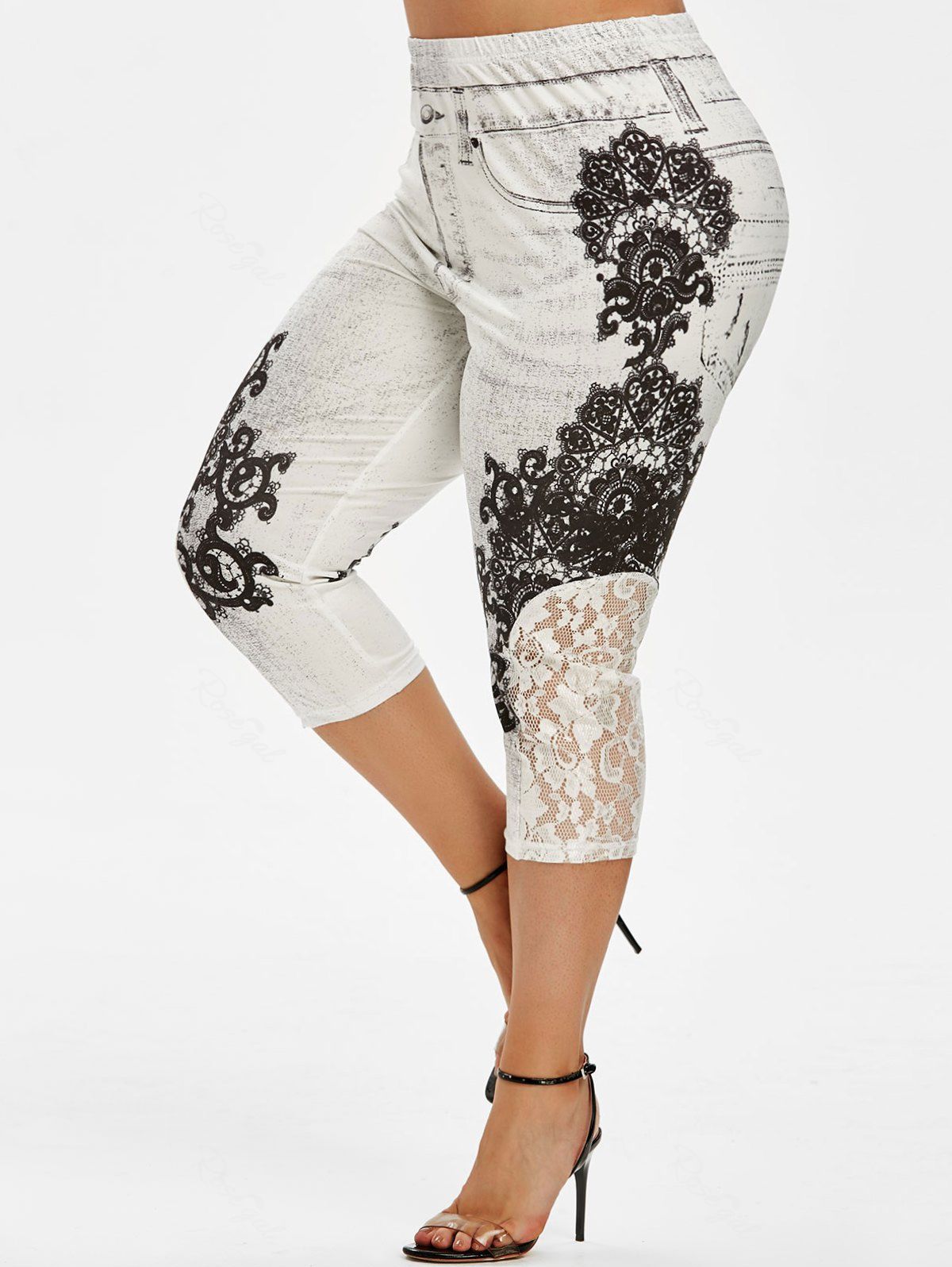 Legging Capri Panneau en Dentelle à Imprimé 3D de Grande Taille Blanc 3X