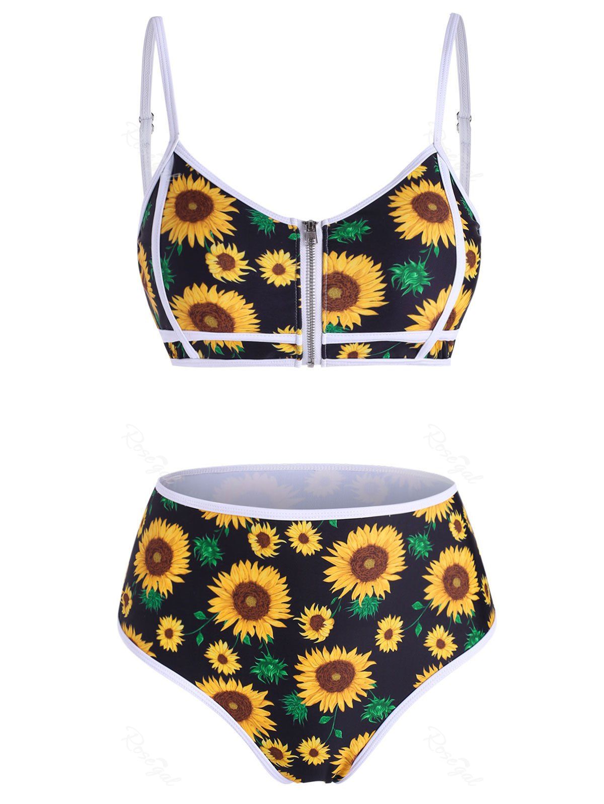 Latest Sunflower Zip Up Piping High Waisted Bikini Swimwear  