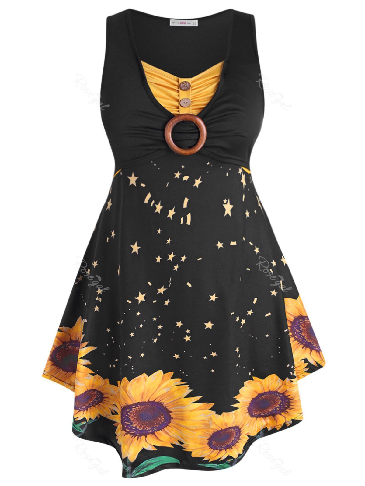 

Sleeveless O-ring Ruched Sunflower Plus Size Dress, Black