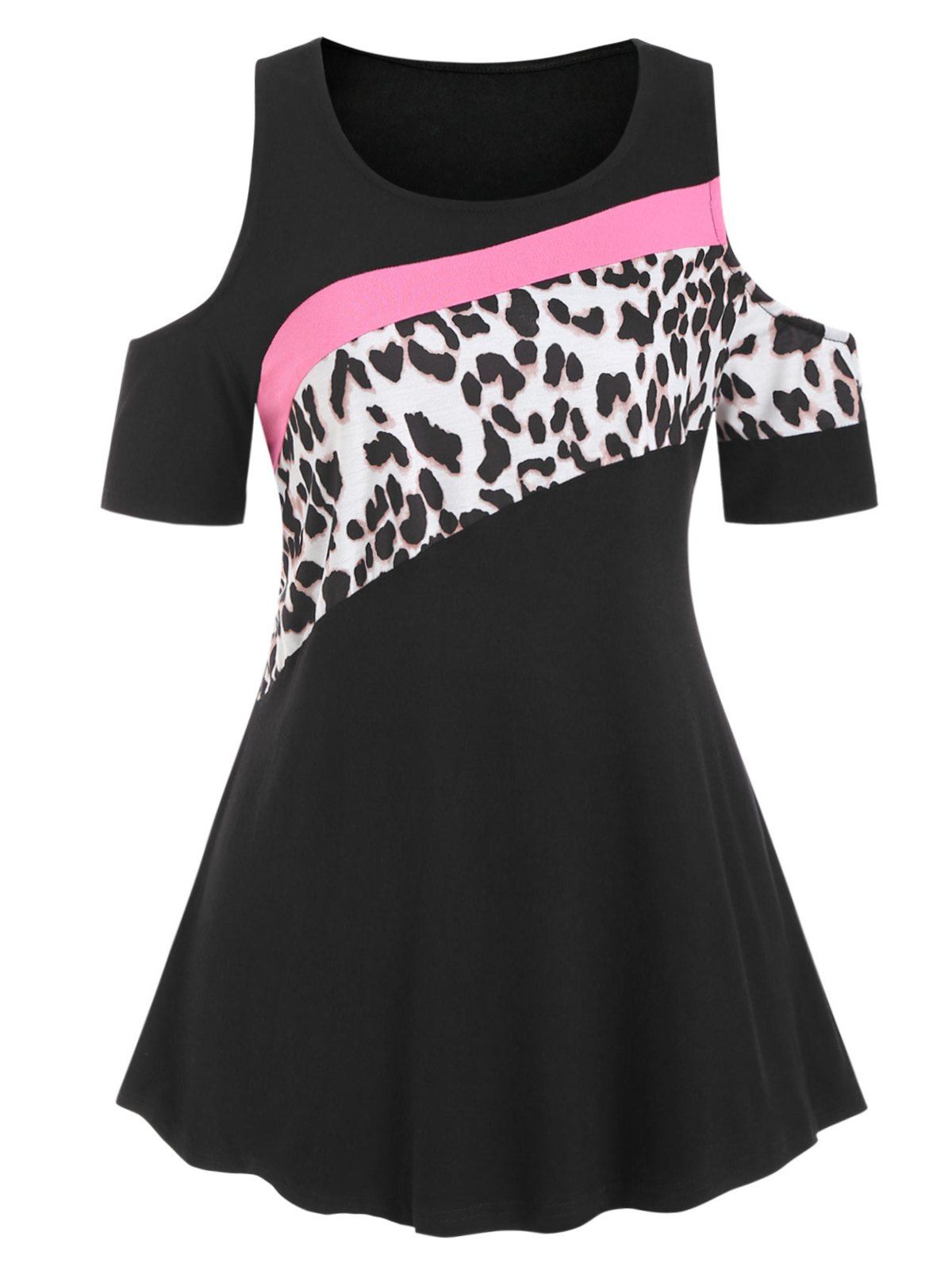 

Cold Shoulder Leopard Panel Plus Size Top, Black