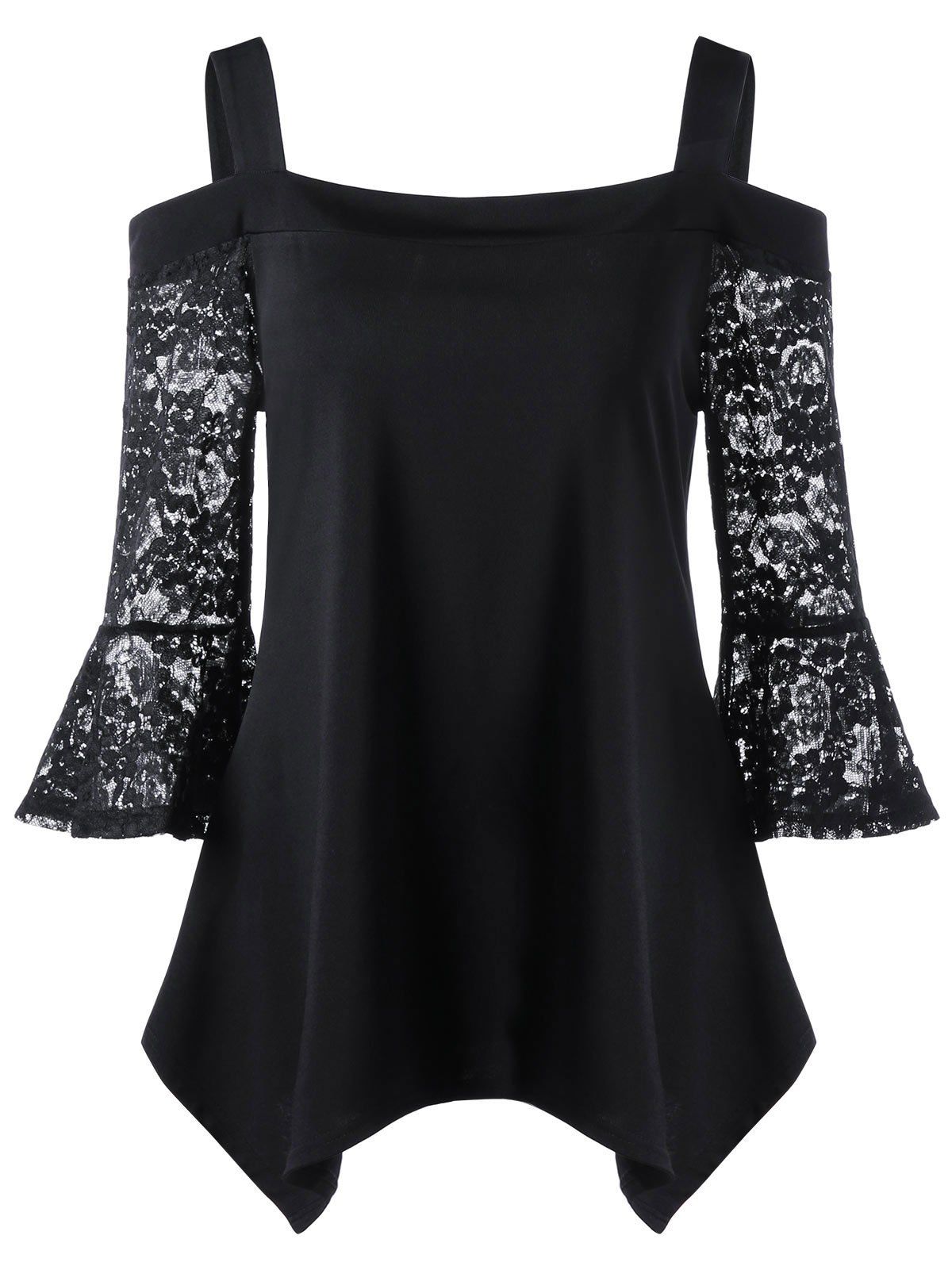 

Lace Flare Sleeve Open Shoulder Handkerchief Tee, Black