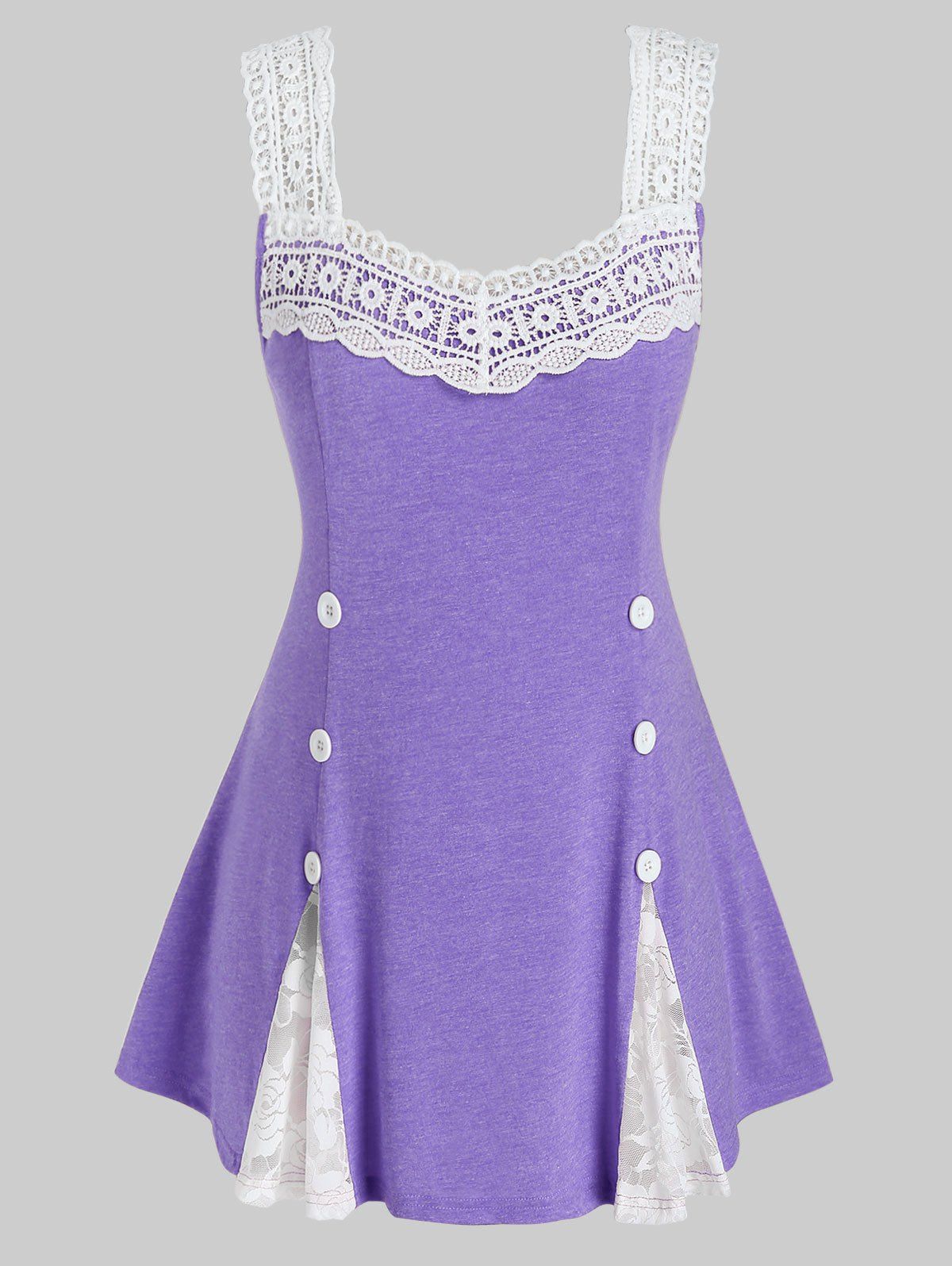 

Plus Size Lace Crochet Panel Buttoned Square Neck Tank Top, Purple mimosa