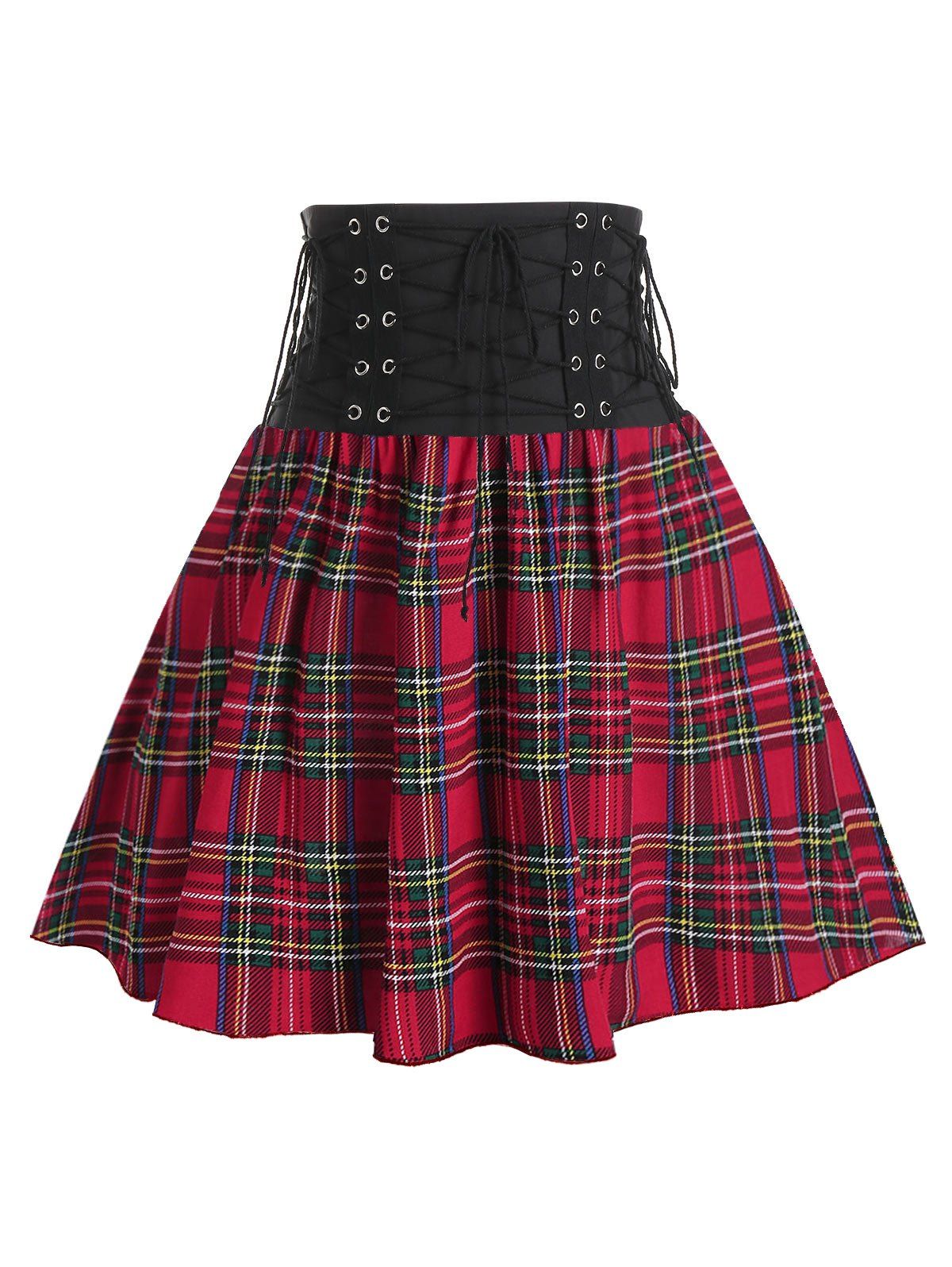 

Plaid Print High Waisted Lace-up Skirt, Red wine