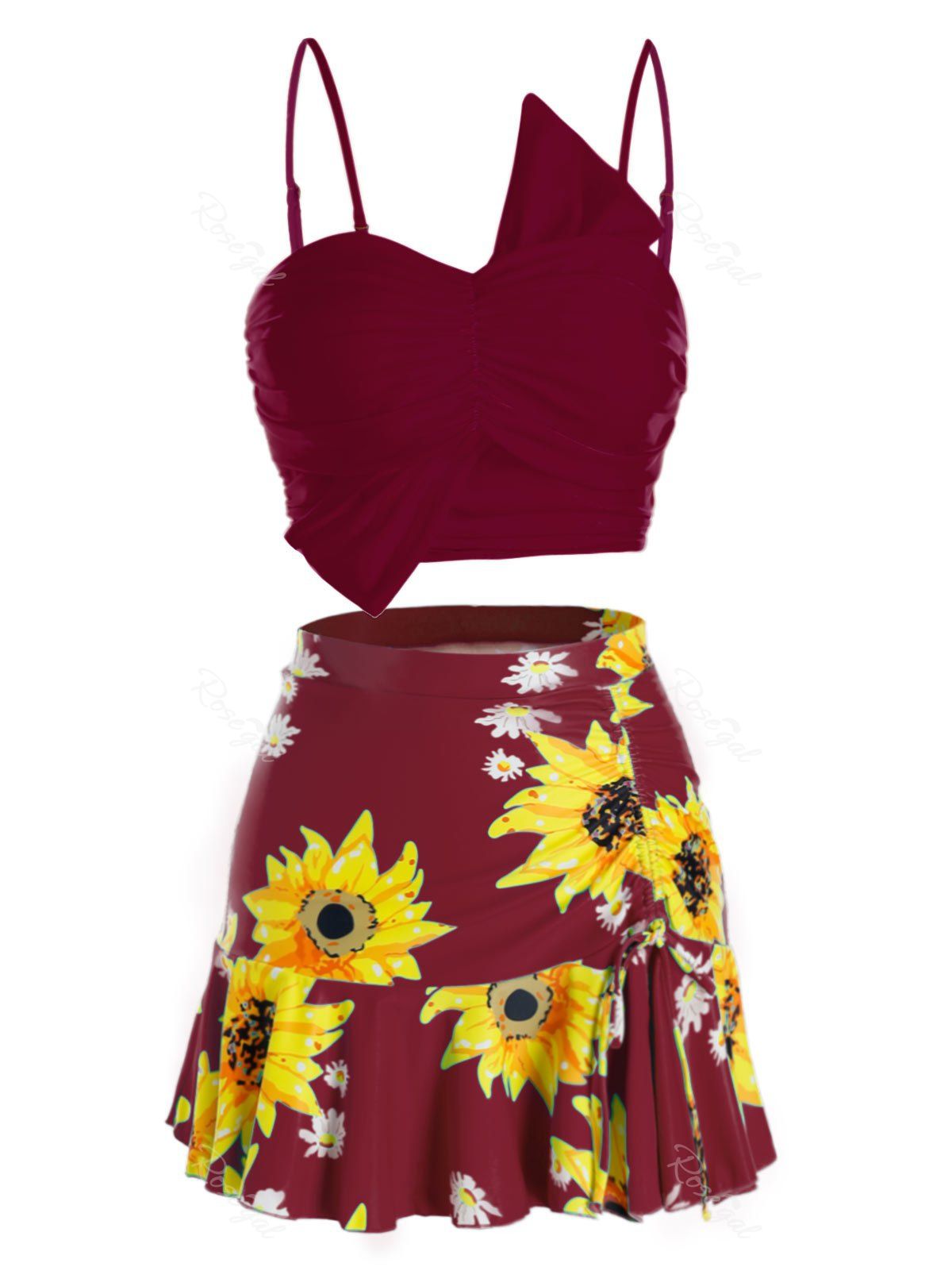 

Plus Size Sunflower Flounce Three Pieces Skirted Tankini Swimwear, Deep red