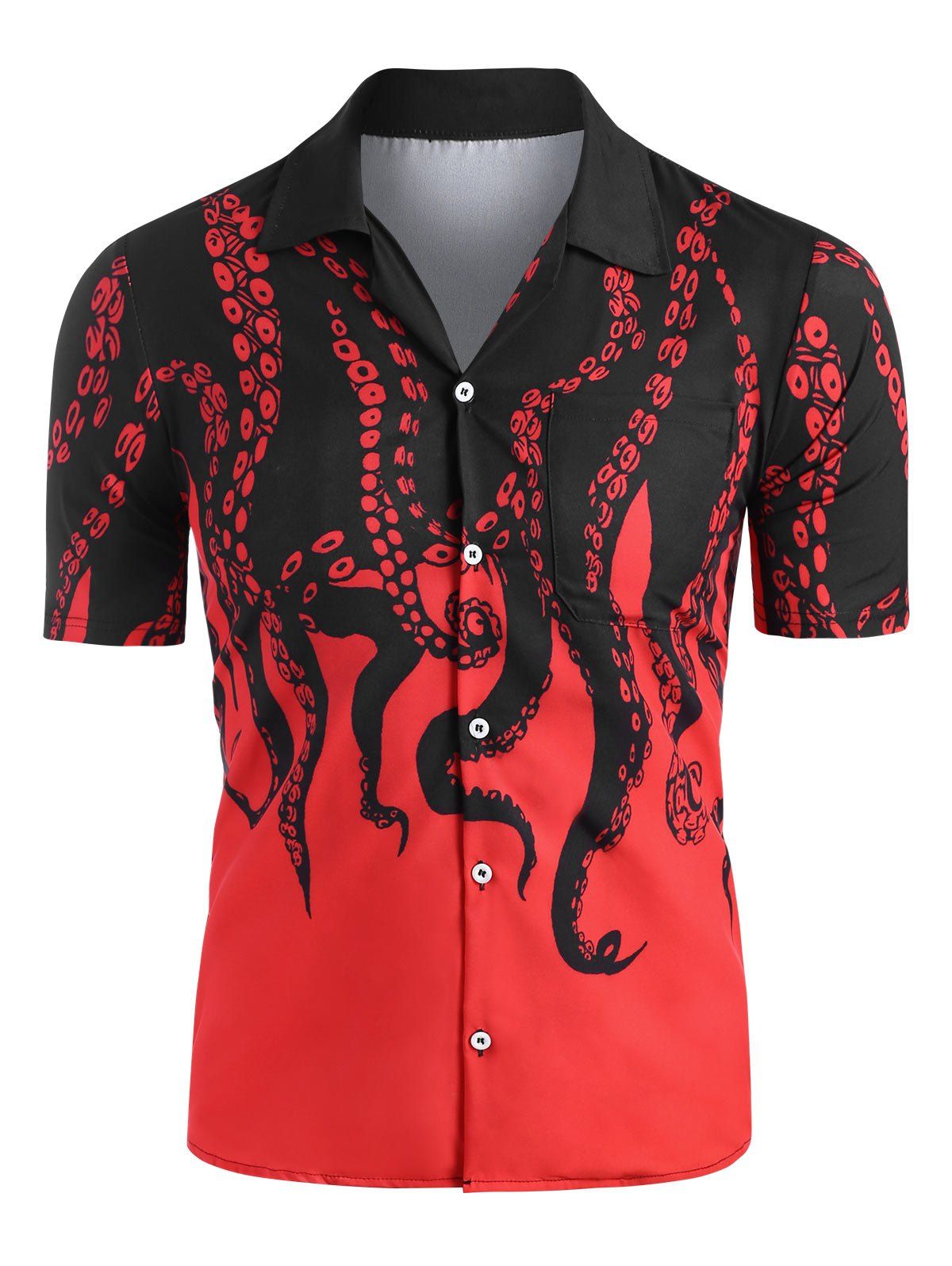 

Short Sleeve Octopus Graphic Button Shirt, Red