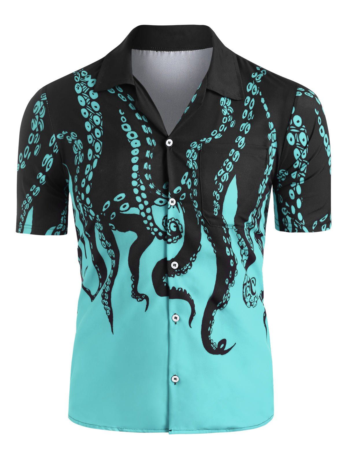 

Short Sleeve Octopus Graphic Button Shirt, Green